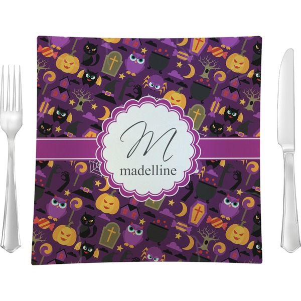 Custom Halloween 9.5" Glass Square Lunch / Dinner Plate- Single or Set of 4 (Personalized)