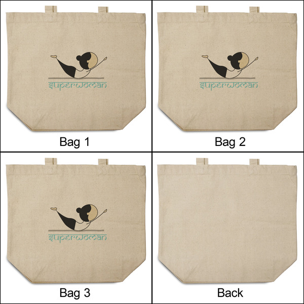 Yoga Poses 3 Reusable Cotton Grocery Bags - Front & Back View