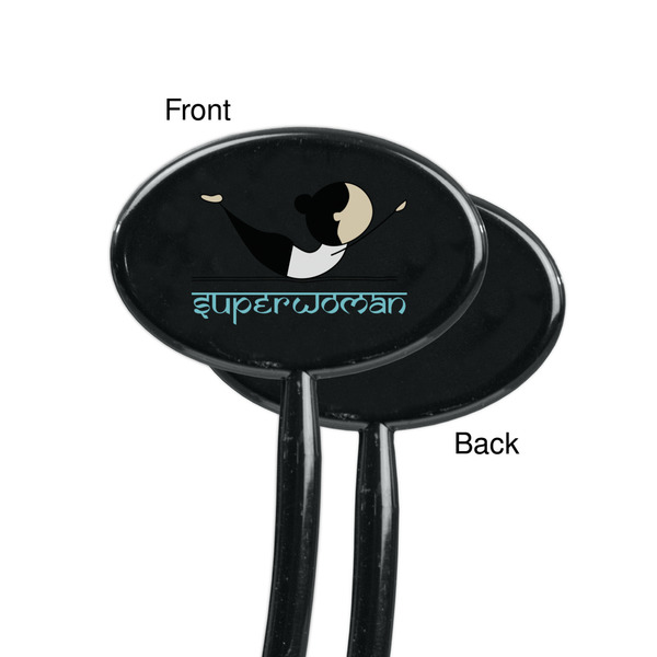 Yoga Poses Black Plastic 7" Stir Stick - Single Sided - Oval - Front & Back