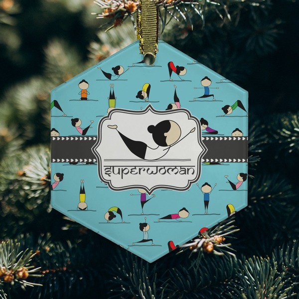 Yoga Poses Frosted Glass Ornament - Hexagon (Lifestyle)