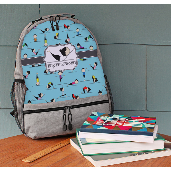 Yoga Poses Large Backpack - Gray - On Desk