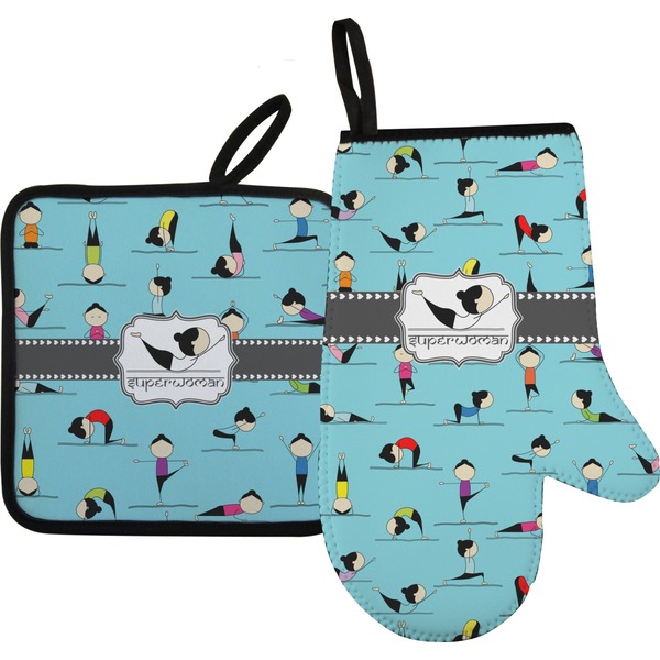 Custom Yoga Poses Oven Mitt & Pot Holder Set w/ Name or Text