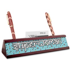 Yoga Poses Red Mahogany Nameplate with Business Card Holder (Personalized)