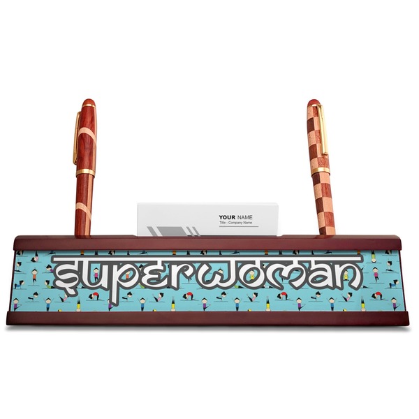 Yoga Poses Red Mahogany Nameplates with Business Card Holder - Straight