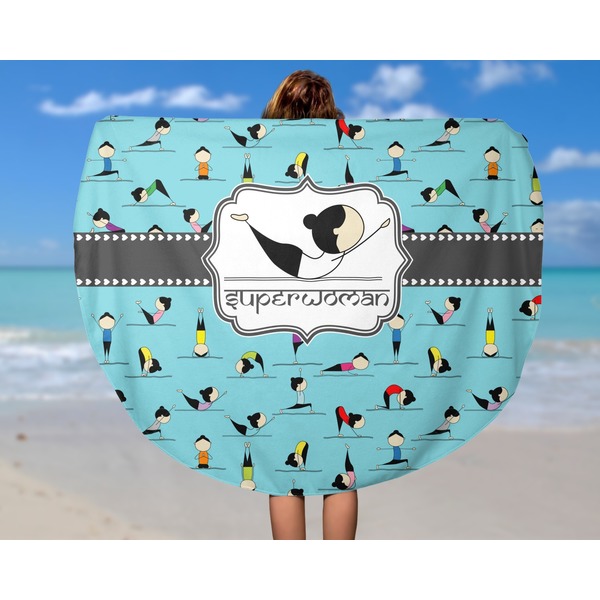 Yoga Poses Round Beach Towel - In Use