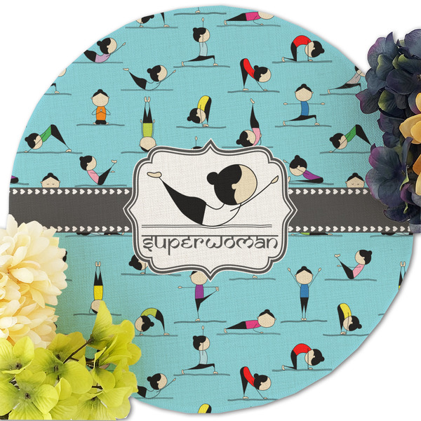 Yoga Poses Round Linen Placemats - Front (w flowers)