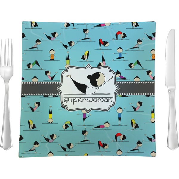 Custom Yoga Poses 9.5" Glass Square Lunch / Dinner Plate- Single or Set of 4 (Personalized)