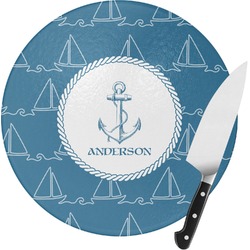 Rope Sail Boats Round Glass Cutting Board - Small (Personalized)