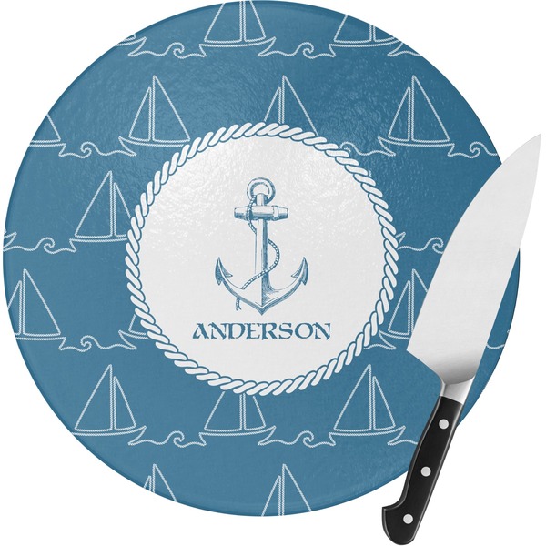 Custom Rope Sail Boats Round Glass Cutting Board - Small (Personalized)