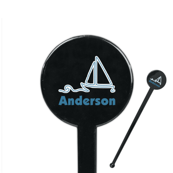Custom Rope Sail Boats 7" Round Plastic Stir Sticks - Black - Single Sided (Personalized)