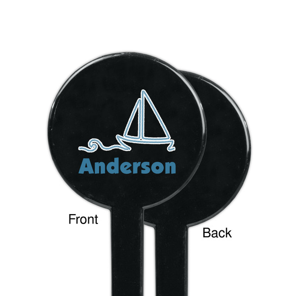 Rope Sail Boats Black Plastic 7" Stir Stick - Single Sided - Round - Front & Back