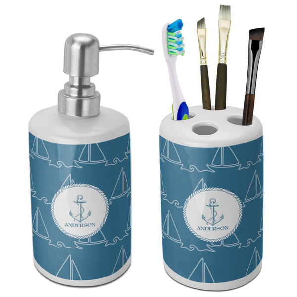 Custom Rope Sail Boats Ceramic Bathroom Accessories Set (Personalized)