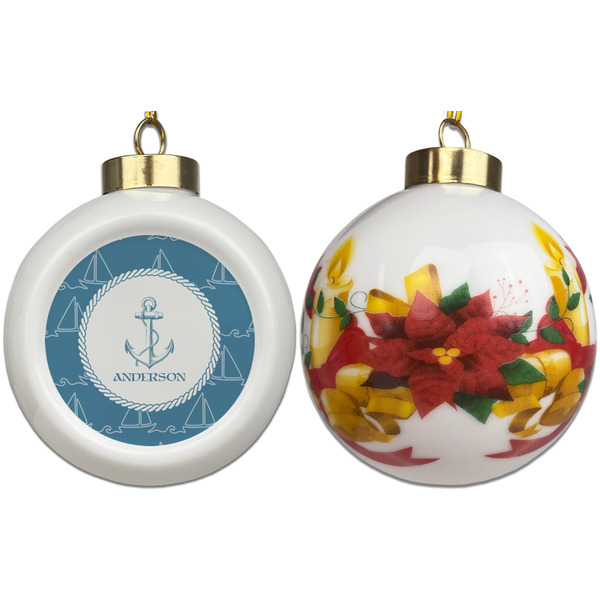 Rope Sail Boats Ceramic Christmas Ornament - Poinsettias (APPROVAL)