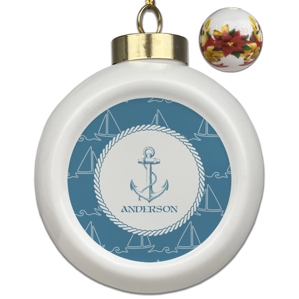 Custom Rope Sail Boats Ceramic Ball Ornaments - Poinsettia Garland (Personalized)