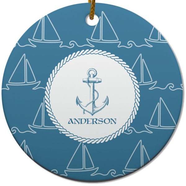 Custom Rope Sail Boats Round Ceramic Ornament w/ Name or Text