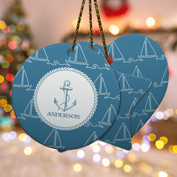 Custom Rope Sail Boats Ceramic Ornament w/ Name or Text