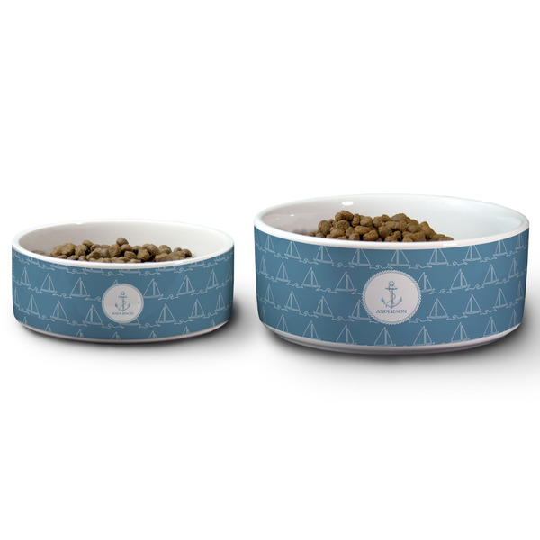 Rope Sail Boats Ceramic Dog Bowls - Size Comparison
