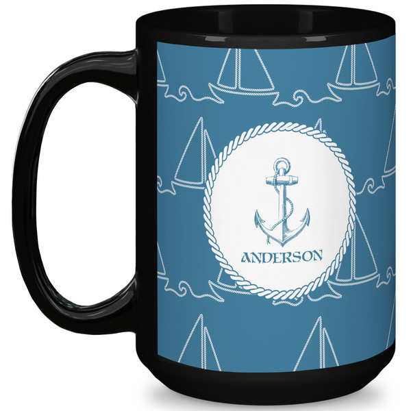 Custom Rope Sail Boats 15 Oz Coffee Mug - Black (Personalized)