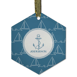 Rope Sail Boats Flat Glass Ornament - Hexagon w/ Name or Text