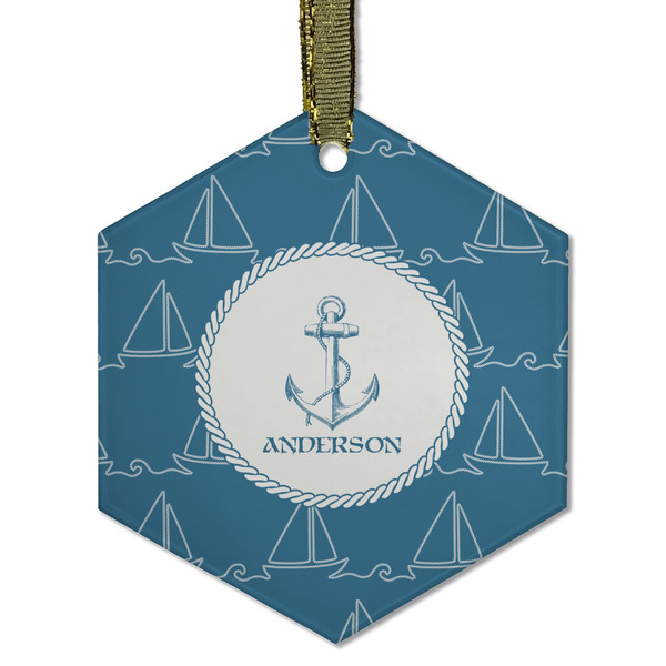 Custom Rope Sail Boats Flat Glass Ornament - Hexagon w/ Name or Text