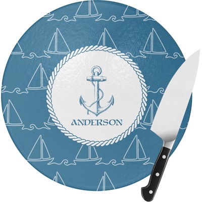Rope Sail Boats Round Glass Cutting Board (Personalized)