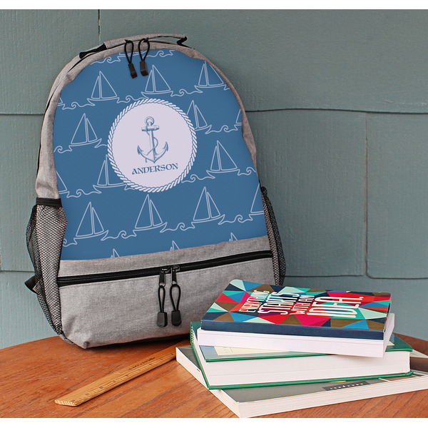 Rope Sail Boats Large Backpack - Gray - On Desk