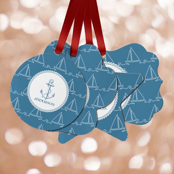 Custom Rope Sail Boats Metal Ornaments - Double Sided w/ Name or Text