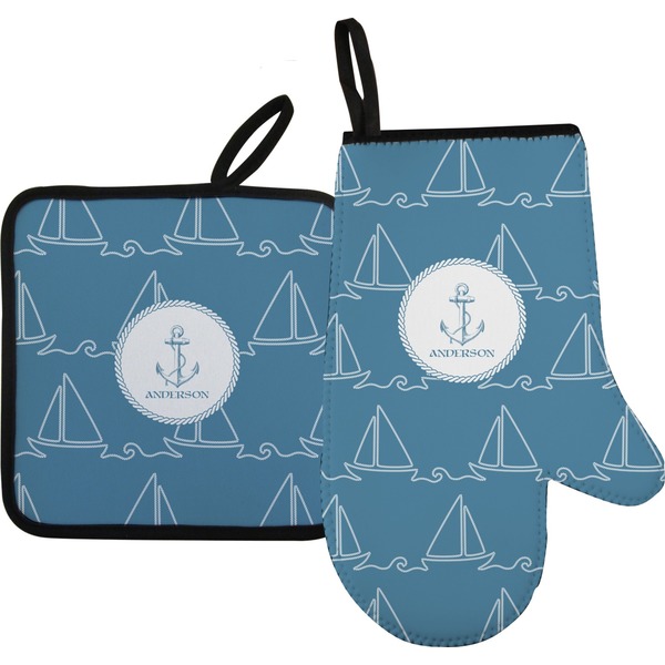 Custom Rope Sail Boats Oven Mitt & Pot Holder Set w/ Name or Text