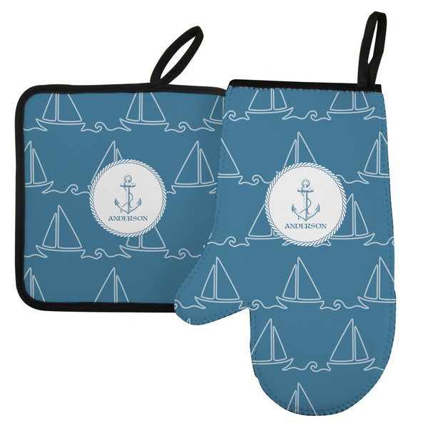 Custom Rope Sail Boats Left Oven Mitt & Pot Holder Set w/ Name or Text