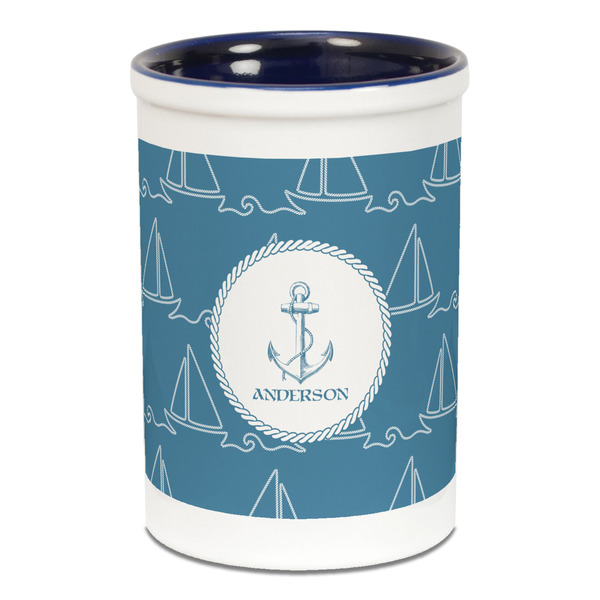 Custom Rope Sail Boats Ceramic Pencil Holders - Blue