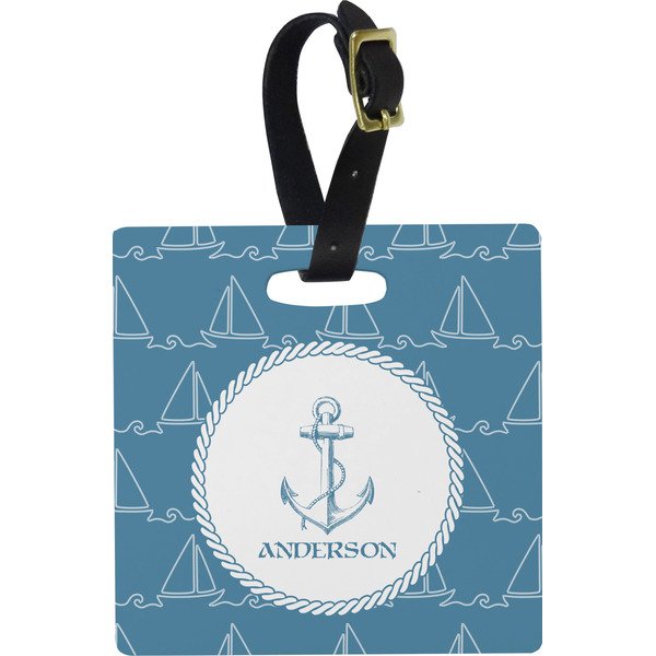 Custom Rope Sail Boats Plastic Luggage Tag - Square w/ Name or Text