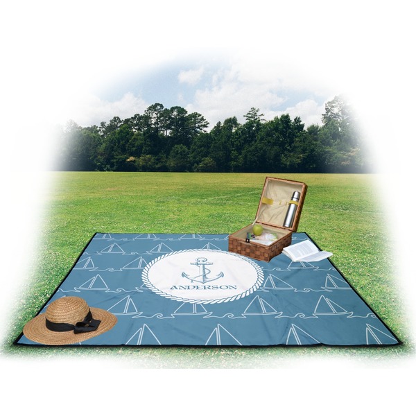 Rope Sail Boats Picnic Blanket - with Basket Hat and Book - in Use