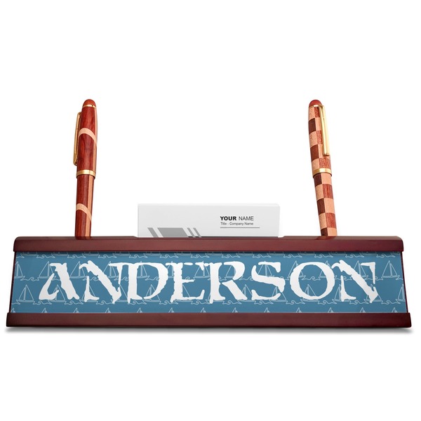 Rope Sail Boats Red Mahogany Nameplates with Business Card Holder - Straight