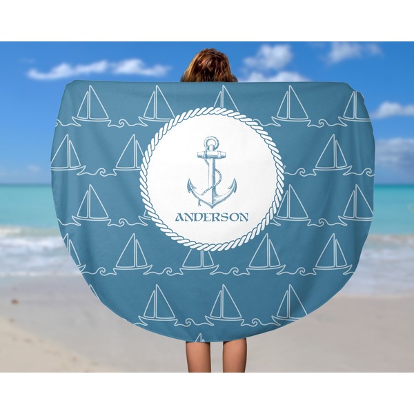 Rope Sail Boats Round Beach Towel - In Use