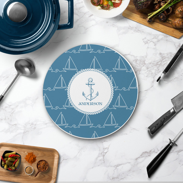 Rope Sail Boats Round Stone Trivet - In Context View