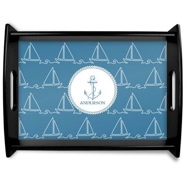 Custom Rope Sail Boats Black Wooden Tray - Large (Personalized)