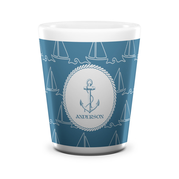 Custom Rope Sail Boats Ceramic Shot Glass - 1.5 oz - White - Single (Personalized)