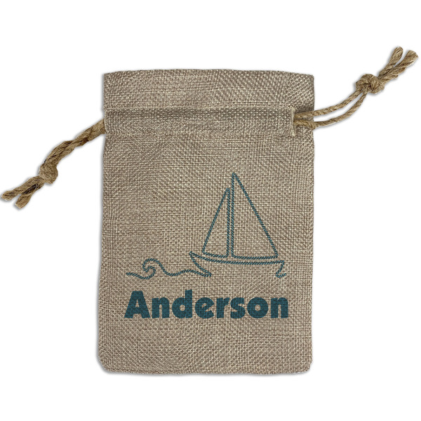 Custom Rope Sail Boats Small Burlap Gift Bag - Front (Personalized)