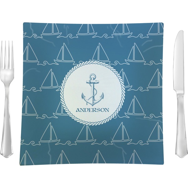 Custom Rope Sail Boats Glass Square Lunch / Dinner Plate 9.5" (Personalized)