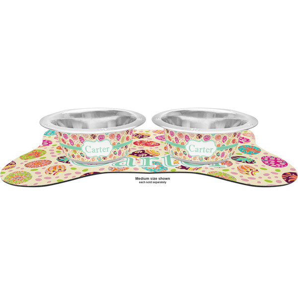 Easter Eggs Metal Pet Bowls - On Dog Bone Shaped Mat
