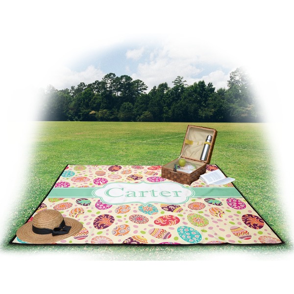 Easter Eggs Picnic Blanket - with Basket Hat and Book - in Use