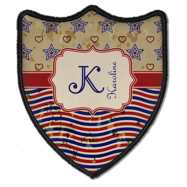 Custom Vintage Stars & Stripes Iron On Shield Patch B w/ Name and Initial