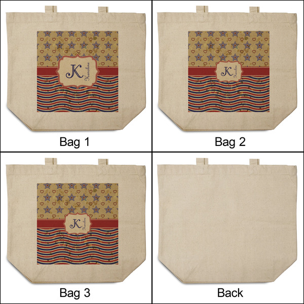 Vintage Stars & Stripes 3 Reusable Cotton Grocery Bags - Front & Back View