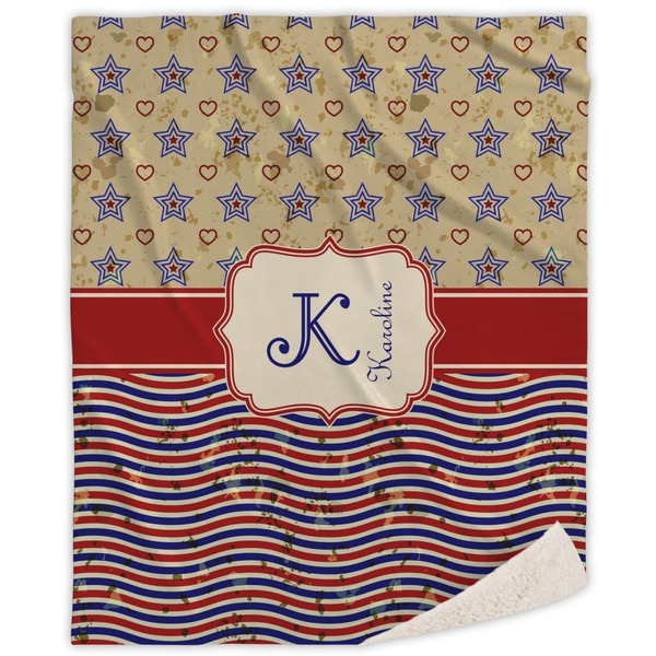 Custom Vintage Stars & Stripes Sherpa Throw Blanket - 50"x60" (Personalized)