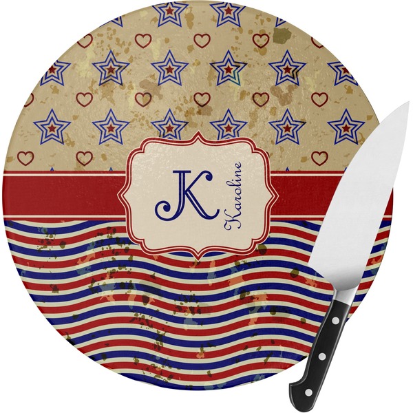Custom Vintage Stars & Stripes Round Glass Cutting Board - Small (Personalized)