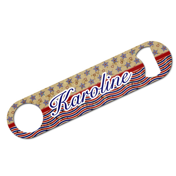 Custom Vintage Stars & Stripes Bar Bottle Opener - White w/ Name and Initial