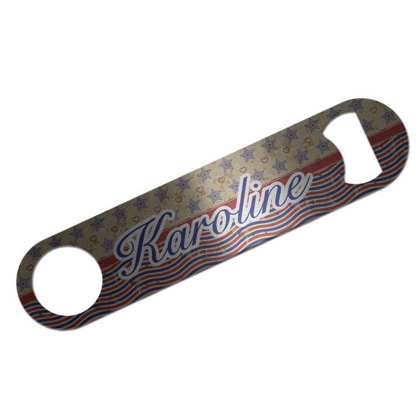 Custom Vintage Stars & Stripes Bar Bottle Opener - Silver w/ Name and Initial