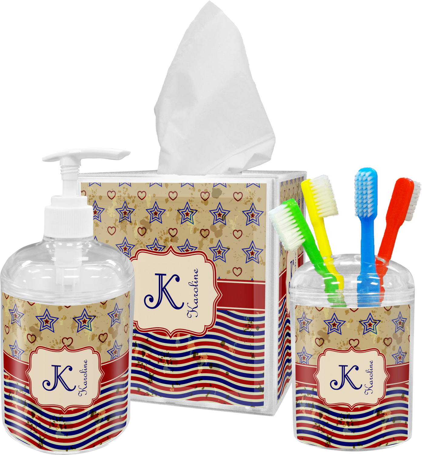 Vintage Stars & Stripes Acrylic Bathroom Accessories Set w/ Name and Initial YouCustomizeIt