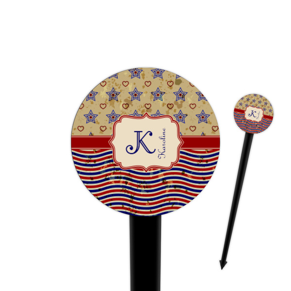 Custom Vintage Stars & Stripes 4" Round Plastic Food Picks - Black - Single Sided (Personalized)