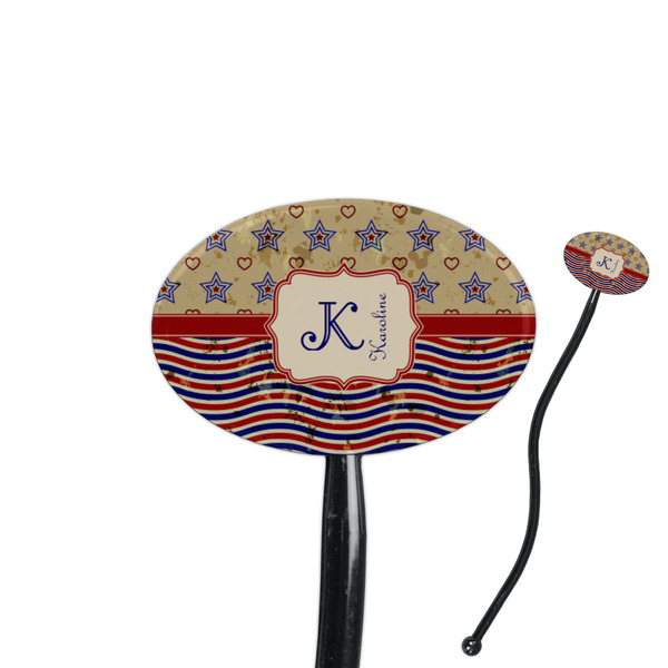 Custom Vintage Stars & Stripes 7" Oval Plastic Stir Sticks - Black - Single Sided (Personalized)